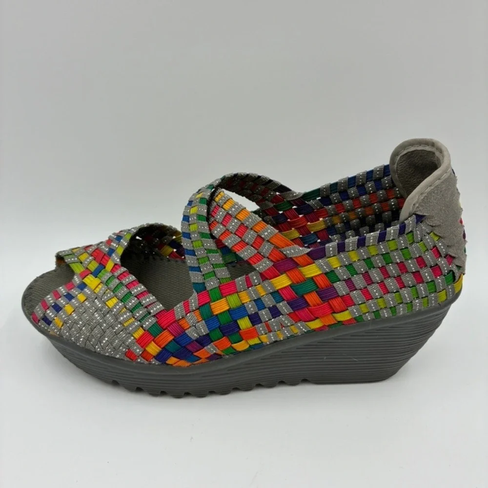 Bernie Mev Comfi Mary Jane 38/US 7 Rainbow Woven Wedge Sandals‎ Peep Toe Elastic